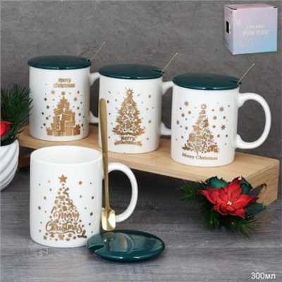 Кружка новогодняя с крышкой, ложка/300 мл/ HB-A2099 /уп 60/