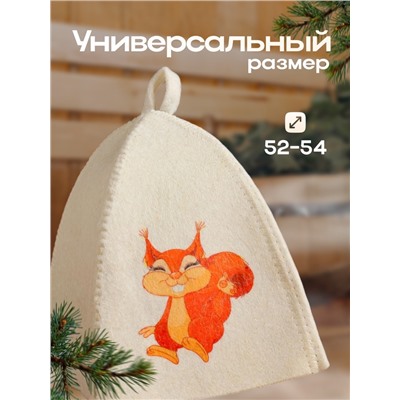 Шапка для бани и сауны детская, с принтом «Белочка», полиэфир 20%, шерсть 80%, белая, «Добропаровъ»