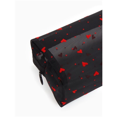 Косметичка женская HEARTS, с рисунком, сетка, на молнии, чёрная
