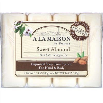 A La Maison de Provence, мыло для рук и тела, сладкий миндаль, 4 бруска по 100 г (3,5 унции)