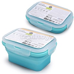 Ланчбокс складной герметичный прямоугольный, 350 мл, 13x9,5x6,5 см, в сложенном виде высота 3 см, силиконовый, с пластиковой крышкой, с отверстием вентиляции и силиконовой заглушкой, мятный
