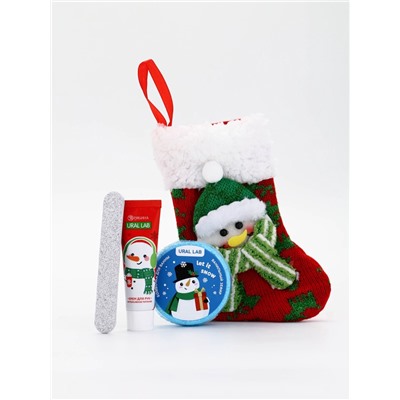 Подарочный набор в новогоднем носке «Снеговик», крем для рук, бомбочка для ванны и пилка для ногтей, URAL LAB
