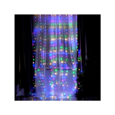 Гирлянда «Занавес» 2.8×3 м роса на крючках, с пультом, IP20, серебристая нить, 300 LED, свечение мульти, 8 режимов, USB