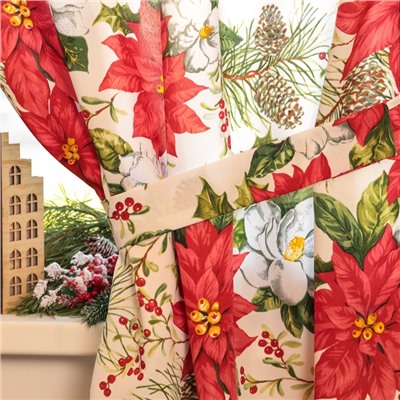 Комплект штор для кухни с подхватами «Доляна. Рождественские цветы», 2 шт., белые, 145×180 см