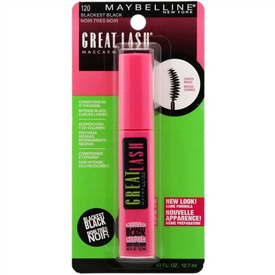 Maybelline, Тушь для ресниц с изогнутой щеточкой Great Lash, оттенок 120 угольно-черный, 12,7 мл