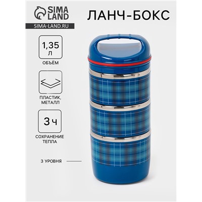 Ланч бокс TAKE IT EASY «Клеточка», 1.35 л, 3 уровня, сохраняет тепло 3 ч, нержавеющая сталь, синий