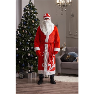 Карнавальный костюм красный «Дед Мороз»: шуба, шапка, варежки, борода, 52-54, рост 180