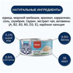 Wanpy Cat Консервы для кошек «Курица с гребешком» 95 г