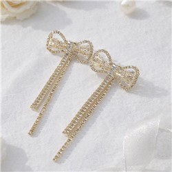 Серьги бантики бижутерия висячие вечерние с камнями, цвет: золотистый и прозрачный, арт.012.072