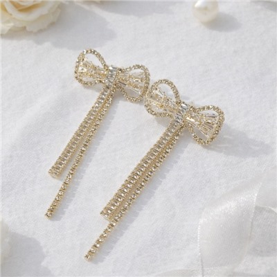 Серьги бантики бижутерия висячие вечерние с камнями, цвет: золотистый и прозрачный, арт.012.072