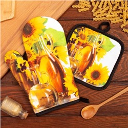 Кухонный набор 2 прихватки Этель «Подсолнухи», прихватка 17×17 см, варежка 24×16 см, 100% п/э