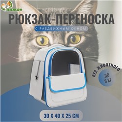 Рюкзак-переноска для кошек и собак, 30×40×25 см, белый/голубой