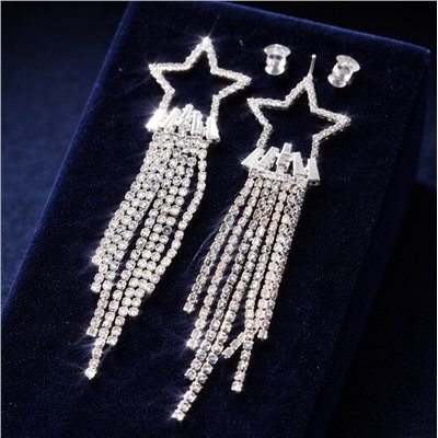 Серьги бижутерия висячие вечерние со стразами, цвет: серебристый и прозрачный, арт.012.062