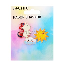Набор значков "Unicorn" эмалированные, размер изделий: тучка 2x1,5 см, единорог 2,8x2,6 см, солнышко 2,6 см, на карточке 7,0x9,5 см с пластиковым пакетом