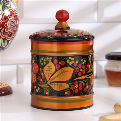 Банка для хранения сыпучих продуктов «Земляничка», кадочка средняя, 8.5×15 см, дерево, хохлома