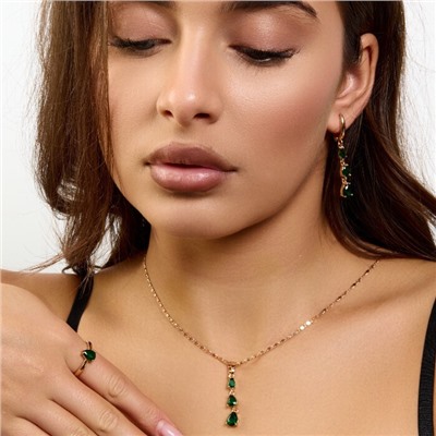 Комплект ювелирной бижутерии коллекция "Дубай" серьги, кулон и кольцо 19 р, покрытие позолота, вставка: фианиты, цвет: зеленый, арт.414.311-19