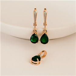Комплект ювелирной бижутерии коллекция "Дубай" серьги и кулон, покрытие позолота, вставка: фианиты, цвет: зеленый, арт.314.974