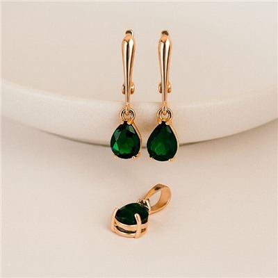 Комплект ювелирной бижутерии коллекция "Дубай" серьги и кулон, покрытие позолота, вставка: фианиты, цвет: зеленый, арт.314.974