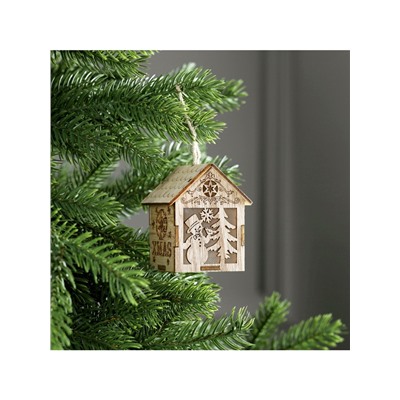 Ёлочная игрушка «Домик со снеговиком», 8×6.5×6 см, от батареек, свечение тёплое белое