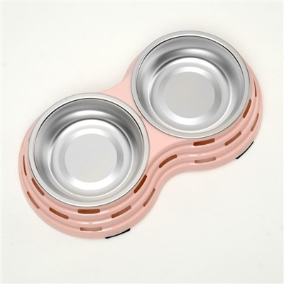 Миска двойная, 2×160 мл, 25×14×5 см, на пластиковом основании, металл, розовая