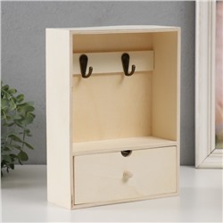 Ключница настенная с ящичком «Прямоугольная», дерево, 2 крючка, заготовка для творчества, 18.5×7×25 см