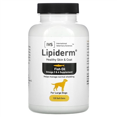 International Veterinary Sciences, Lipiderm, Healthy Skin & Coat, For Large Dogs, 120 Softgels