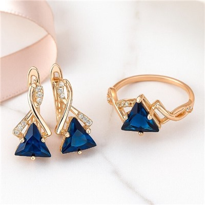 Комплект ювелирной бижутерии коллекция "Дубай" серьги и кольцо 19 р, покрытие позолота, вставка: фианиты, цвет: синий и прозрачный, арт.215.403-19