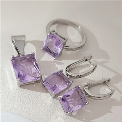 Комплект ювелирной бижутерии коллекция "Дубай" серьги, кулон и кольцо 20 р покрытие посеребрение, вставка: стекло, цвет: светло-фиолетовый, арт.215.590-20