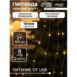 Гирлянда «Конский хвост» 8 нитей по 2 м, IP20, серебристая нить, 160 LED, свечение тёплое белое, USB