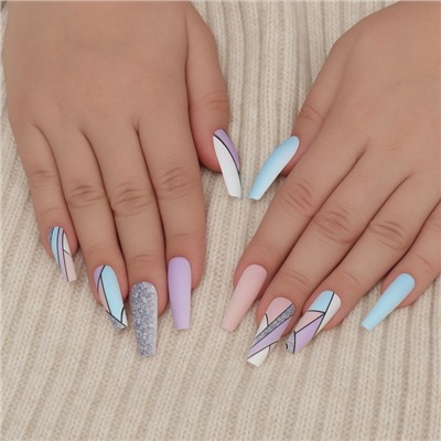 Накладные ногти «Графика», 12 шт., с клеевыми пластинами, форма балерина, разноцветные