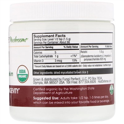 Fungi Perfecti, рейши, мицелий грибов в порошке, добавка для укрепления сердца и увеличения продолжительности жизни, 100 г (3,5 унции)
