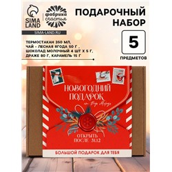 Подарочный набор гифтбокс «Новогодний подарок»: термостакан, чай, леденец, драже, молочный шоколад.