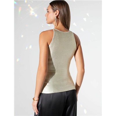 Топ с закрытым декольте из хлопка с эластаном в рубчик с матовым покрытием металлик