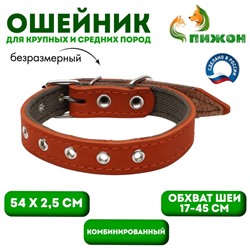 Ошейник комбинированный кожа/брезент, безразмерный, 54×2.5 см, ОШ 17-45 см, рыжий