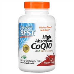 Doctor's Best, коэнзим Q10 с высокой степенью всасывания, с BioPerine, 100 мг, 360 вегетарианских капсул