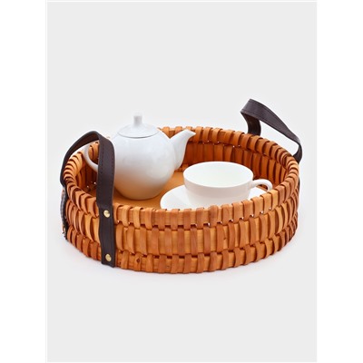 Поднос-корзинка для завтрака Доляна «Массив», с ручками из искусственной кожи, d=29 см