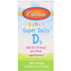 Carlson Labs, Super Daily, витамин D3 для детей, 10 мкг (400 МЕ), 10,3 мл (0,35 жидк. унций)