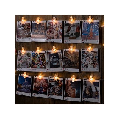 Гирлянда «Нить» 2 м роса с насадками «Прищепки-цветы», IP20, серебристая нить, 20 LED, батарейки ААх2 (нет в комплекте), свечение тёплое белое