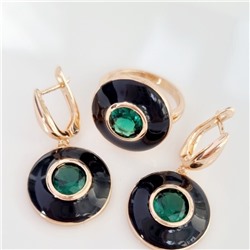 Комплект ювелирной бижутерии коллекция "Дубай" серьги и кольцо 17 р, покрытие позолота, вставка: цветная эмаль и крупный фианит, цвет: зеленый и черный, арт.215.342-17