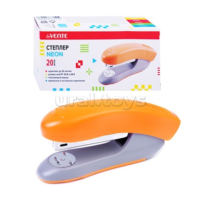 Степлер "Neon" 24/6&26/6 (мощность 20 листов, глубина скрепления 59 мм) пластиковый, в картонной коробке, неоновый оранжевый