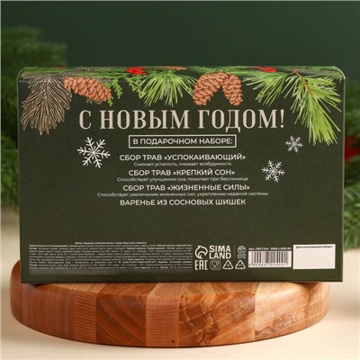 Подарочный набор новогодний «Здоровья и благополучия в новом году»: сбор трав 3 шт.×20 г, варенье из сосновых шишек 100 мл.