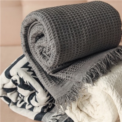 Плед с бахромой «Этель» Waffle, 130×180 см, тёмно-серый