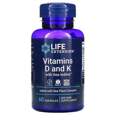 Life Extension, витамины D и К с йодом Sea-Iodine, 60 капсул