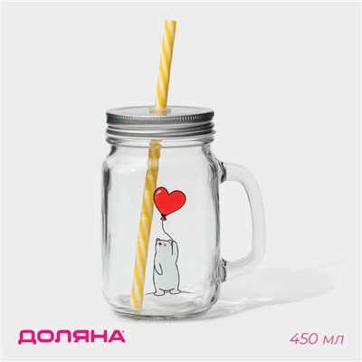 Кружка Доляна «Медведь», 450 мл, 10×7.5×13 см, с крышкой и трубочкой, стекло