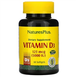Nature's Plus, витамин D3, 125 мкг (5000 МЕ), 60 мягких таблеток