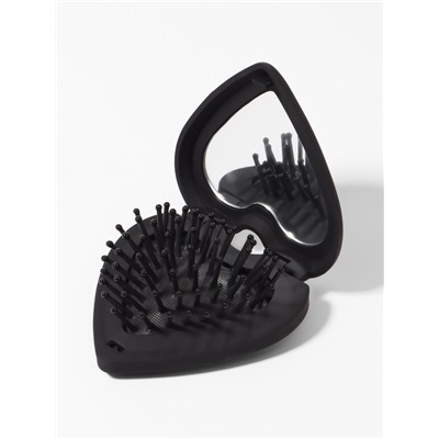 Расчёска массажная «Сердце», складная, с зеркалом, 8×2.5 см, матовая, чёрная