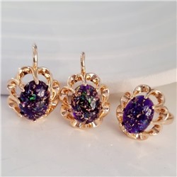 Комплект ювелирная бижутерия коллекция  "Дубай" серьги и кольцо 17 р, покрытие: позолота, вставка: искусственный камень с вкраплениями, цвет: фиолетовый, арт.313.124-17