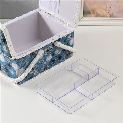 Шкатулка для рукоделия и шитья «Чёрно-белые цветы на голубом», хранение ниток, иголок, мелочи, 19×26×14.5 см