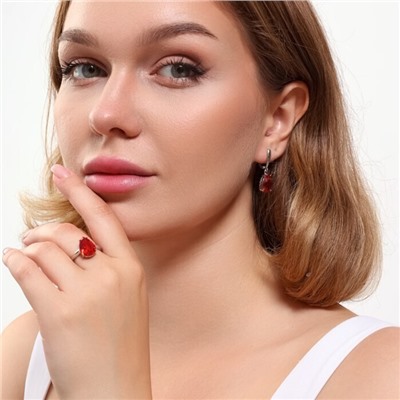 Комплект ювелирная бижутерия серьги и кольцо 18 р, покрытие: посеребрение, вставка: фианит, цвет: красный, арт.313.079-18