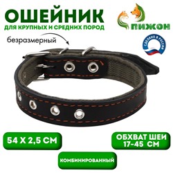 Ошейник комбинированный кожа/брезент, безразмерный, 54×2.5 см, ОШ 17-45 см, чёрный